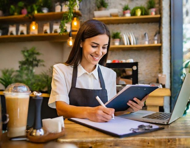 Caféejer skriver på en udklipsholder ved siden af en bærbar computer.