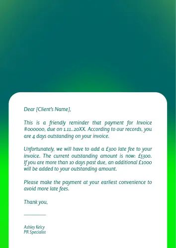 Eksempel på en rykker med gebyrer for en ubetalt faktura.